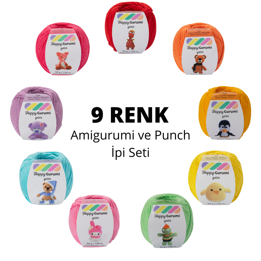 Happy Gurumi 9'lu Renk Amigurumi ve Punch Örgü İpi Seti