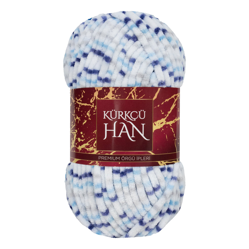 Kürkçü Han Kadife 100GR 95MT Örgü İpi Mavi-Beyaz Ebruli