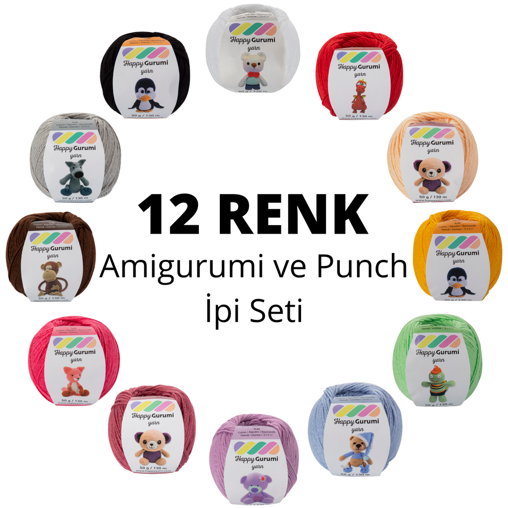 Happy Gurumi 12'li Renk Amigurumi ve Punch Örgü İpi Seti